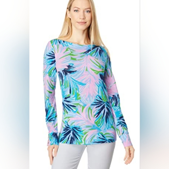 Lilly Pulitzer Aleah Boat Neck Long Sleeve Top w/Gecko Green Beach Bash Pattern - Picture 1 of 7